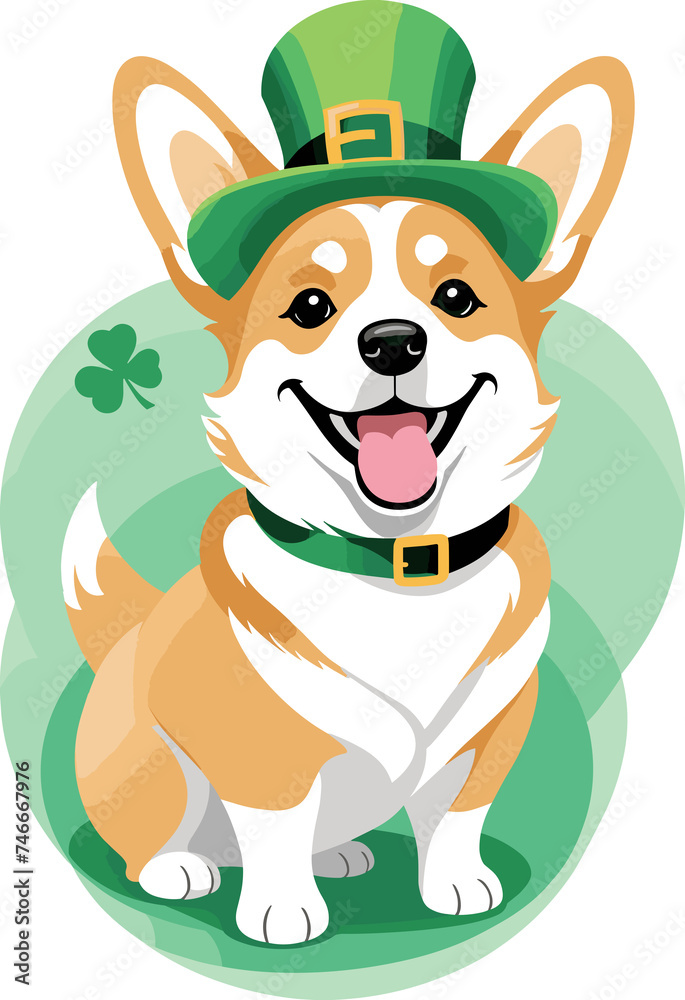 Fototapeta premium Cute Corgi dog in green costume illustration for St Patrick’s day theme on transparent background png, graphic design element for holiday event or kids, baby shower and nursery decor