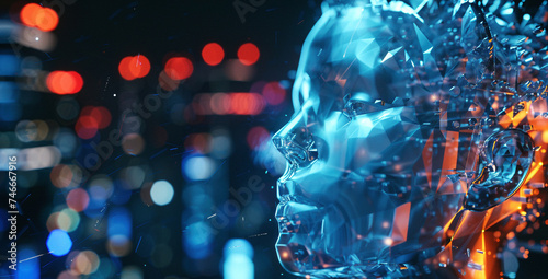 Futuristic Digital Human Face Concept with Abstract Bokeh Lights