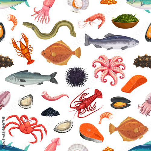 Cartoon seafood seamless pattern with vector fish and sea animals. Sea food background of crab, lobster, shrimp and squid, salmon, tuna and eel. Mussel, scallop and caviar backdrop, seafood restaurant