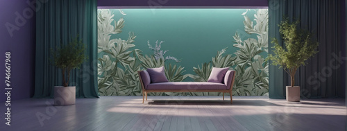 Subtle teal backdrop. Stylish lavender studio for product presentation. Open room with window shadows and leafy patterns. D setting with text.