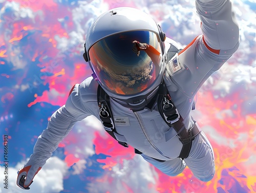 A white, high-definition helmet camera capturing the clear thrill of skydiving, set against a colourful sky, showcasing the extreme excitement of the sport photo