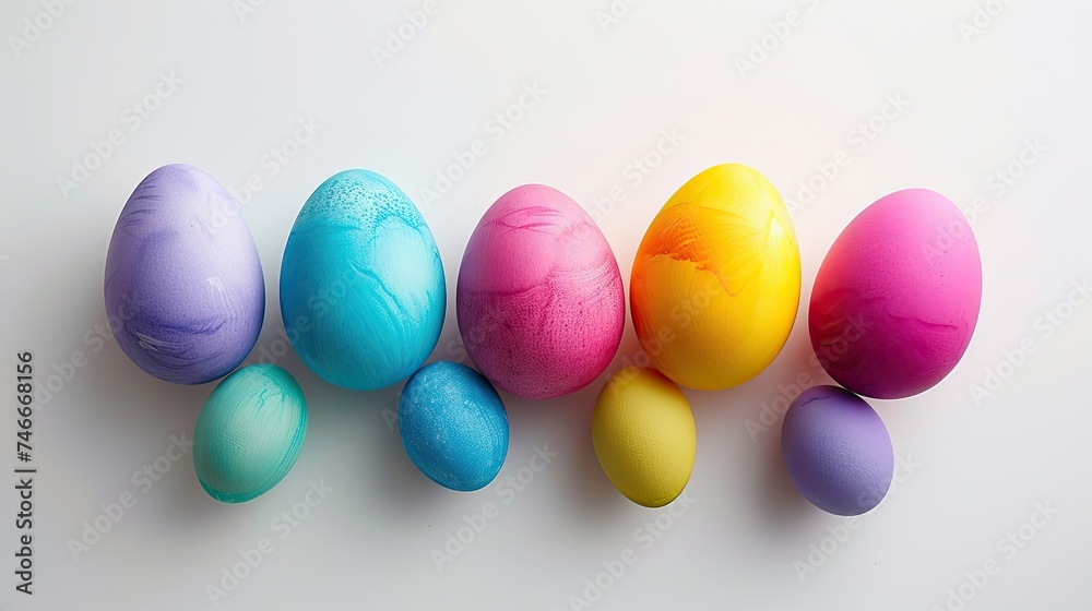 A collection of Easter eggs with smooth gradient coloring arranged in a line on a white backdrop, showcasing artistic dye techniques. A collection of Easter eggs with smooth gradient coloring arranged in a line on a white backdrop, showcasing artistic dye techniques.