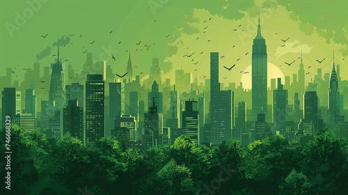Green city, eco colors illustration, Generative AI