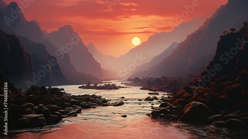a sunrise over a mountain range looking downward, in the style of soft mist, light crimson and orange, romantic scenes, landscapes photo