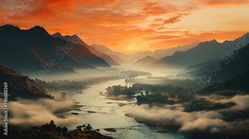 a sunrise over a mountain range looking downward  in the style of soft mist  light crimson and orange  romantic scenes  landscapes