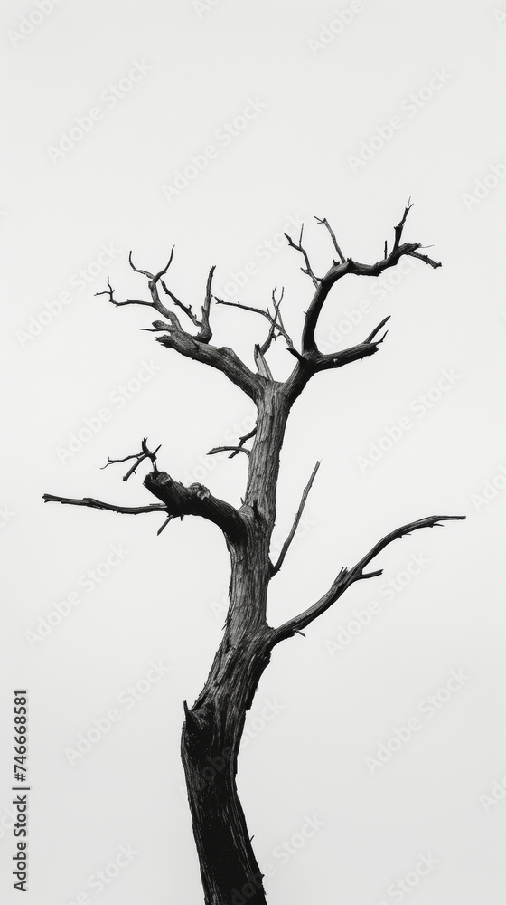 Silhouette of a Bare Tree Against White Sky