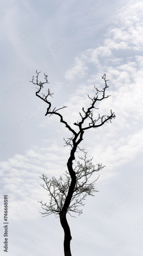 Barren Tree Silhouetted Against Cloudy Sky