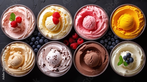Various ice cream scoops in bowls over black stone background. Top view with copy space