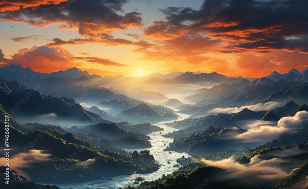 a sunrise showing over clouds and mountains, in the style of birds-eye-view, inspired imagery, landscapes, historical imagery