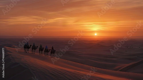 A caravan with bedouins and camels on sand dunes in the Thar desert, creating a magical atmosphere. photo