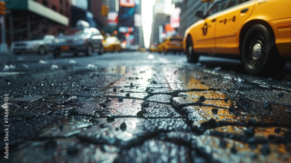 A yellow taxi cab driving down a wet street. Suitable for transportation concepts - obrazy, fototapety, plakaty 