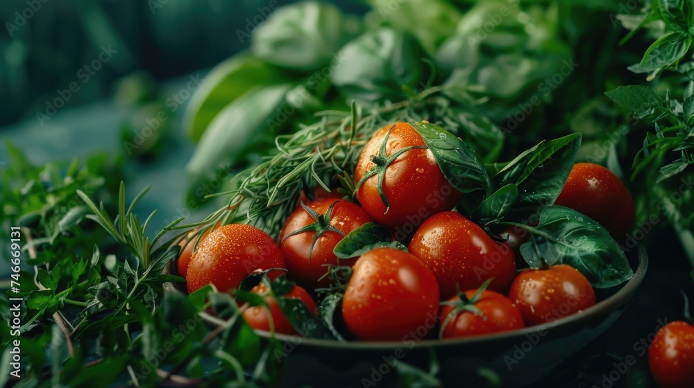 A bowl of tomatoes and lettuce on a table, perfect for healthy food concepts A bowl of tomatoes and lettuce on a table, perfect for healthy food concepts