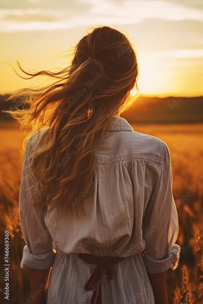 A serene image of a woman standing in a field at sunset. Perfect for nature and outdoor themes A serene image of a woman standing in a field at sunset. Perfect for nature and outdoor themes