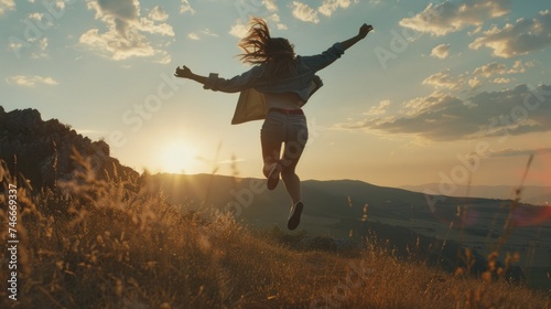 A woman joyfully jumping in the air on top of a hill. Suitable for outdoor and active lifestyle concepts