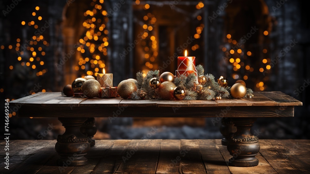 a table over a christmas tree and lights, in the style of photo-realistic hyperbole, wood, dark brown and light amber, spectacular backdrops, realistic