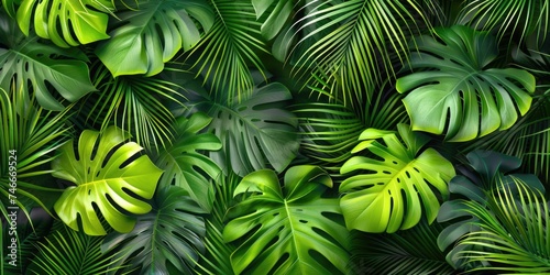 Vibrant green tropical leaves on a contrasting black background. Perfect for nature or botanical themed designs
