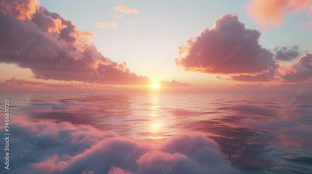 Golden Sunset Over Tranquil Sea, serene seascape as the sun dips below the horizon, casting a warm glow over the smooth waters and scattering light through wispy clouds