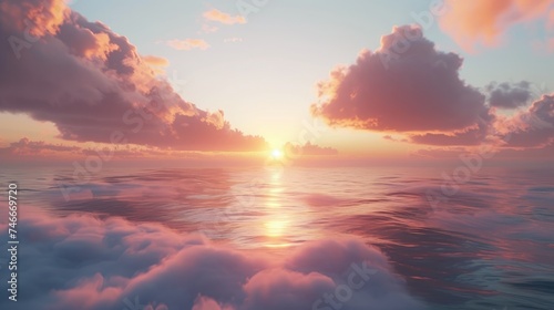 Golden Sunset Over Tranquil Sea, serene seascape as the sun dips below the horizon, casting a warm glow over the smooth waters and scattering light through wispy clouds