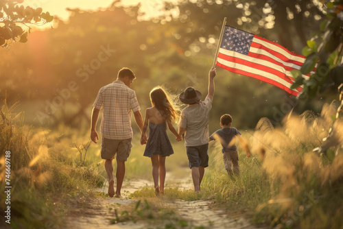 A family walks together, a child waves the US flag in Memorial Day