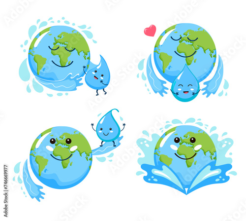 International Water Day. World Water Day. Planet Earth and water drop. Set of cute characters in cartoon style.