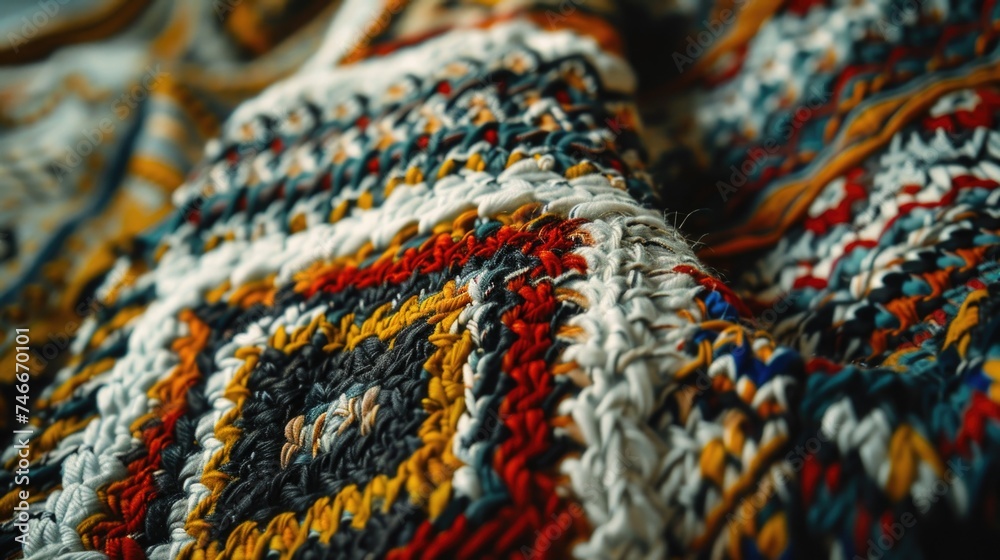 Close up of a vibrant multicolored blanket on a neatly made bed. Perfect for home decor or interior design concepts