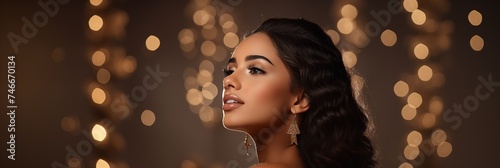 Beautiful young woman with perfect glowing skin skincare and festive makeup on shimmering holiday background in profile looking tenderly photo