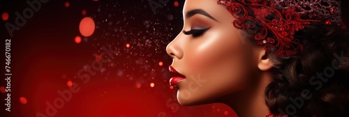 Beautiful young woman with perfect glowing skin skincare and festive makeup on shimmering red holiday background in profile looking tenderly
