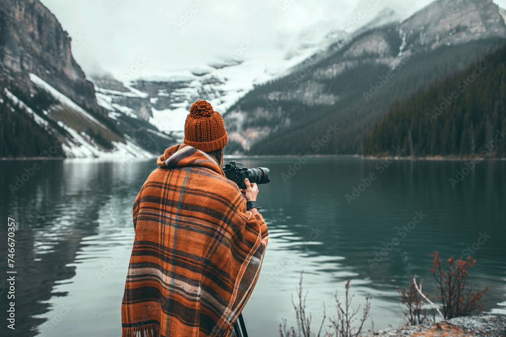 Adult male photographer captures serene mountain lake scene, suitable for travel and nature themes.