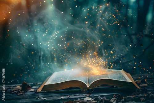 Magic book with open pages and abstract bokeh background. photo