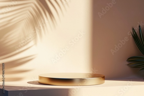 Eco-friendly product display podium with palm shadow on earth-toned background in golden light