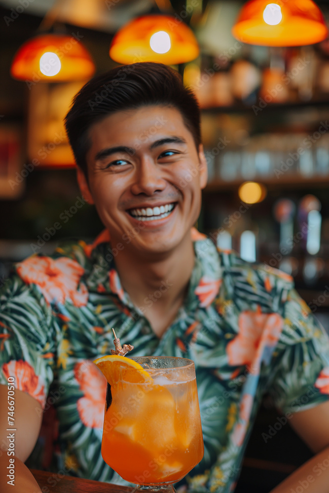 Cheerful young man enjoying a cocktail at a bar with warm ambiance. Cheerful young man enjoying a cocktail at a bar with warm ambiance.