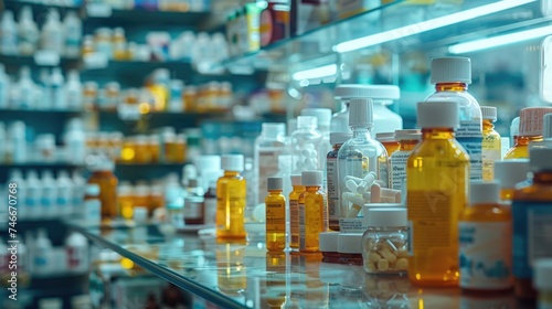 Shelf filled with various medicine bottles. Suitable for healthcare and pharmaceutical concepts