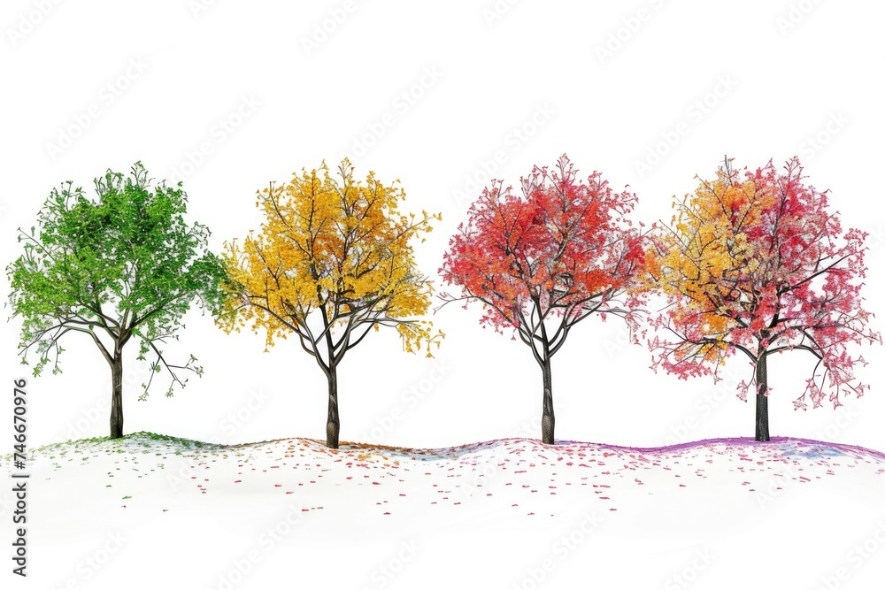 A group of four trees painted in different colors. Ideal for nature or art-themed projects A group of four trees painted in different colors. Ideal for nature or art-themed projects