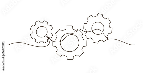 Single continuous line symbol of machine wheel gears vector illustration. Cogwheel one line contour drawing business teamwork concept. Design for poster, card, label, company 
