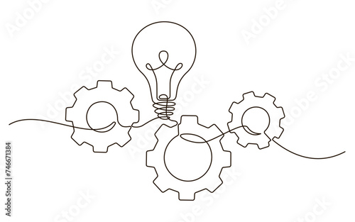 Single continuous line symbol of machine wheel gears and light bulb vector illustration. Cogwheel one line contour drawing business teamwork concept. Design for poster, card, label, company 
