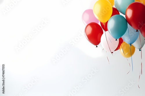 A joyful scene of birthday balloons on a white background, designed as a mockup with copy space, photographed in high definition to bring out the festive atmosphere with realism