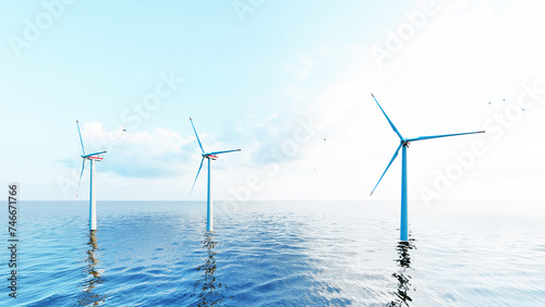 Offshore wind turbines farm on the ocean. Sustainable energy production, clean power. Close-up wind turbine. 