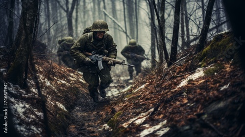 World war ii soldiers fighting on the battlefield with guns and grenades in historic war scene