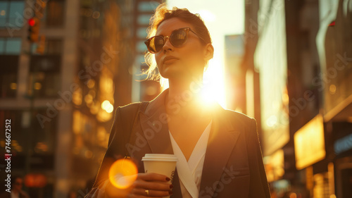 A pretty Caucasian woman drinking coffee outdoors.