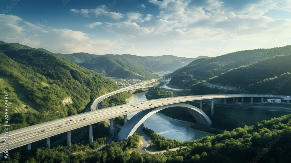 Fototapeta premium Aerial view of highway road bridge for vehicular transport as part of infrastructure development built over valley with green forest trees and hills connecting towns during sunset