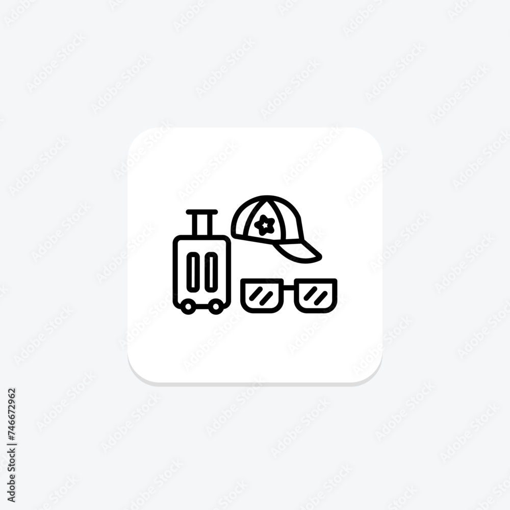 Travel Accessories icon, gear, travel gear, travel essentials, accessories for travel line icon, editable vector icon, pixel perfect, illustrator ai file Travel Accessories icon, gear, travel gear, travel essentials, accessories for travel line icon, editable vector icon, pixel perfect, illustrator ai file