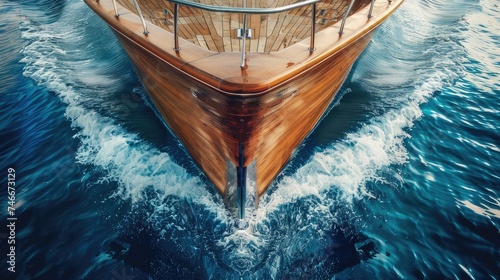 The prow of a big wooden yacht cutting through the sea, symbolizing the allure of luxury sailing.