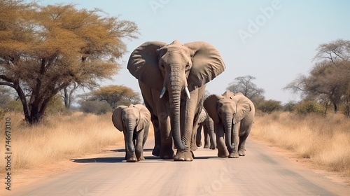 African Bush Elephants - Loxodonta africana family walking on the road in wildlife reserve.