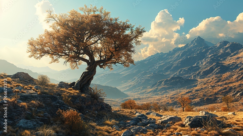 a tree is standing in a desert landscape, light gold and beige, orientalist imagery, sharp/prickly, influence, natural symbolism, science-fiction lands - obrazy, fototapety, plakaty 
