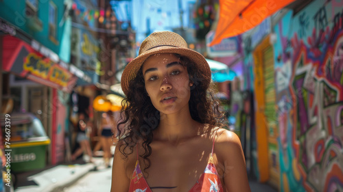 A pretty young woman smiling in a stylish hat on a city street.
