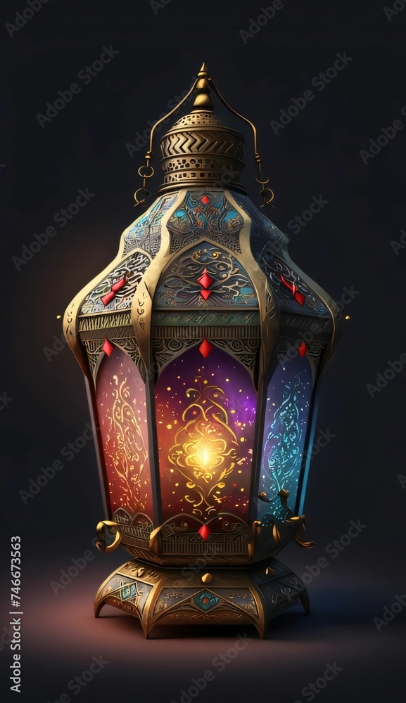 Decorated lantern with colorful glass, burning on a dark background. Lantern as a symbol of Ramadan for Muslims.