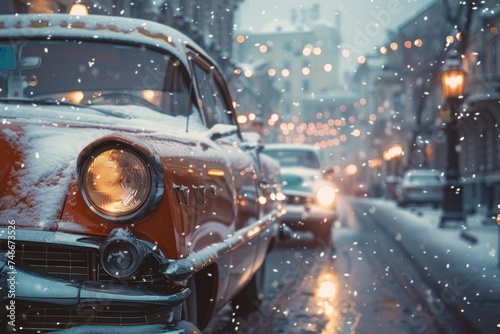 Vintage car parked on snowy street, perfect for winter themes © Fotograf