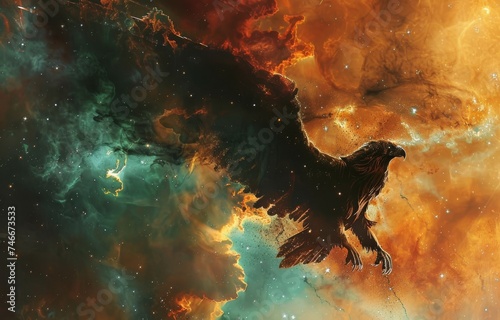 A griffin navigating a space nebula, blending the mythical creature with the wonders of space exploration in a vibrant cosmic setting photo