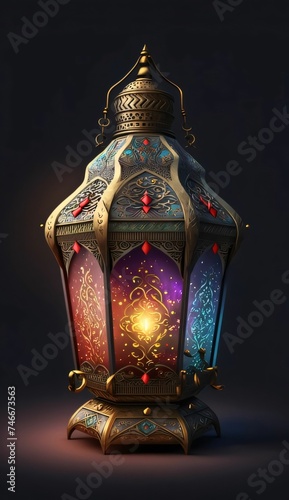 Decorated lantern with colorful glass, burning on a dark background. Lantern as a symbol of Ramadan for Muslims.