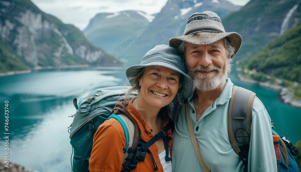 Backpackers elderly couple with backpacks smiling at camera while trekking to mountain high altitude lake Mountains. Active old people, happy retirement, sport in nature and relations concept image.